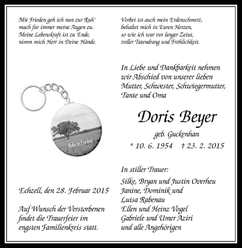 Traueranzeige von Doris Beyer von Wetterauer Zeitung, Wetterauer Zeitung