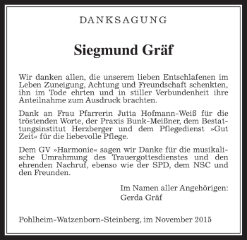 Traueranzeige von Siegmund Gräf von Gießener Allgemeine, Alsfelder Allgemeine, Pohlheimer Nachrichten