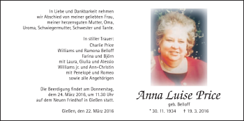 Traueranzeige von Anna Luise Price von Gießener Allgemeine, Alsfelder Allgemeine