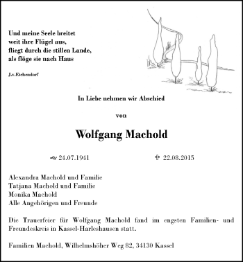 Traueranzeige von Wolfgang Machold von Gießener Allgemeine, Alsfelder Allgemeine