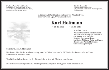 Traueranzeige von Karl Hofmann von Wetterauer Zeitung, Wetterauer Zeitung