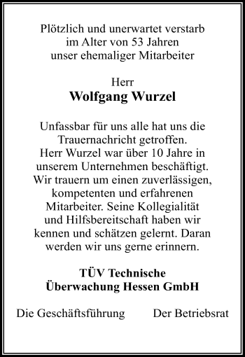 Traueranzeige von Wolfgang Wurzel 