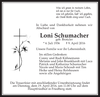 Traueranzeige von Loni Schumacher von Wetterauer Zeitung, Wetterauer Zeitung