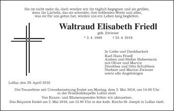 Traueranzeige von Waltraud Elisabeth Friedl von Gießener Allgemeine, Alsfelder Allgemeine