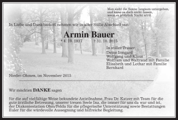 Traueranzeige von Armin Bauer von Alsfelder Allgemeine