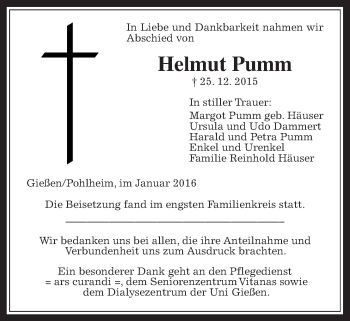 Traueranzeige von Helmut Pumm von Pohlheimer Nachrichten