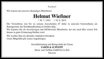Traueranzeige von Helmut Wießner von Gießener Allgemeine, Alsfelder Allgemeine