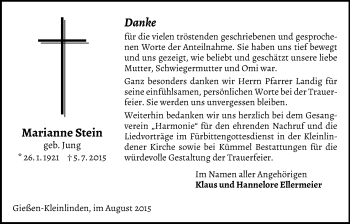 Traueranzeige von Marianne Stein von Gießener Allgemeine, Alsfelder Allgemeine