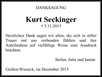 Traueranzeige von Kurt Seckinger von Gießener Allgemeine, Alsfelder Allgemeine
