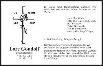 Traueranzeige von Lore Gondolf von Wetterauer Zeitung, Wetterauer Zeitung