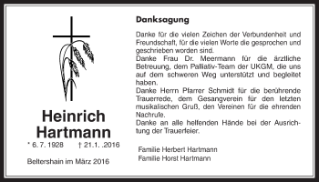 Traueranzeige von Heinrich Hartmann von Gießener Allgemeine, Alsfelder Allgemeine