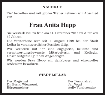 Traueranzeige von Anita Hepp von Gießener Allgemeine, Alsfelder Allgemeine