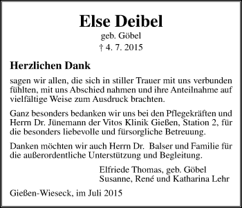 Traueranzeige von Else Deibel von Gießener Allgemeine, Alsfelder Allgemeine