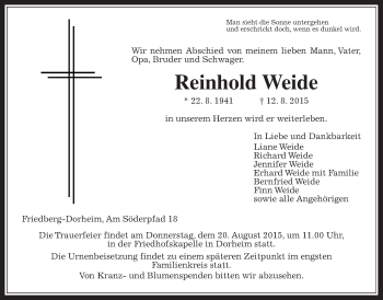 Traueranzeige von Reinhold Weide von Wetterauer Zeitung, Wetterauer Zeitung