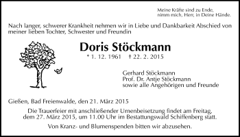 Traueranzeige von Doris Stöckmann von Gießener Allgemeine, Alsfelder Allgemeine