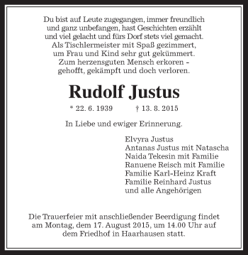 Traueranzeige von Rudolf Justus von Alsfelder Allgemeine