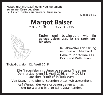 Traueranzeige von Margot Balser von Gießener Allgemeine, Alsfelder Allgemeine