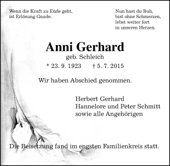 Traueranzeige von Anni Gerhard von Gießener Allgemeine, Alsfelder Allgemeine