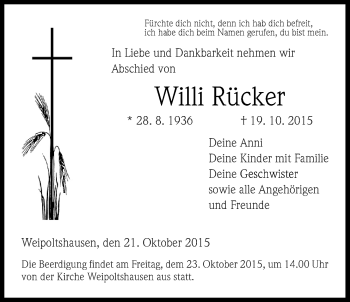 Traueranzeige von Willi Rücker von Gießener Allgemeine, Alsfelder Allgemeine