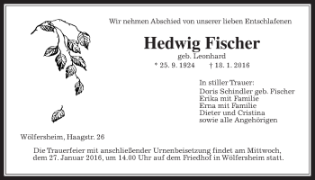 Traueranzeige von Hedwig Fischer von Wetterauer Zeitung, Wetterauer Zeitung