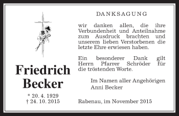 Traueranzeige von Friedrich Becker von Rabenauer Zeitung