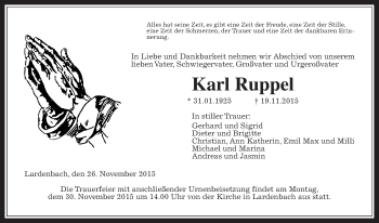 Traueranzeige von Karl Ruppel von Gießener Allgemeine, Alsfelder Allgemeine