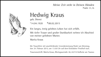 Traueranzeige von Hedwig Kraus von Wetterauer Zeitung, Wetterauer Zeitung