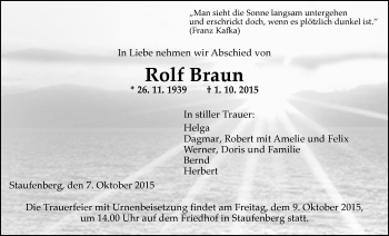Traueranzeige von Rolf Braun von Gießener Allgemeine, Alsfelder Allgemeine