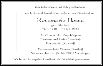 Traueranzeige von Rosemarie Hesse von Wetterauer Zeitung, Wetterauer Zeitung
