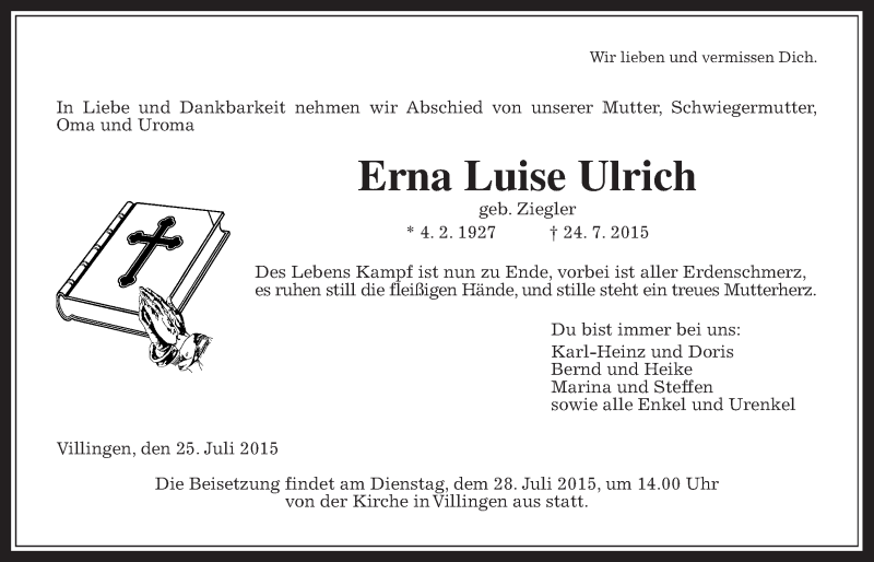  Traueranzeige für Erna Luise Ulrich vom 25.07.2015 aus Gießener Allgemeine, Alsfelder Allgemeine