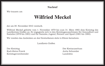 Traueranzeige von Wilfried Meckel von Heimatzeitung Grünberg + Laubach, Laubacher Anzeiger