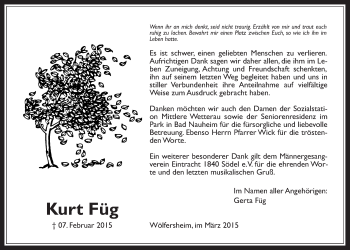Traueranzeige von Kurt Füg von Wetterauer Zeitung, Wetterauer Zeitung
