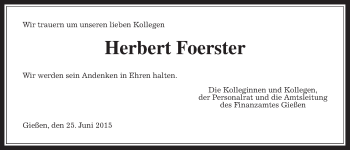 Traueranzeige von Herbert Foerster von Gießener Allgemeine, Alsfelder Allgemeine