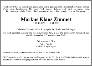 Traueranzeige von Markus Klaus Zimmet von Gießener Allgemeine, Alsfelder Allgemeine
