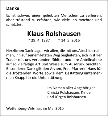 Traueranzeige von Klaus Rolshausen von Gießener Allgemeine, Alsfelder Allgemeine