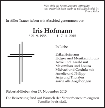 Traueranzeige von Iris Hofmann von Gießener Allgemeine, Alsfelder Allgemeine