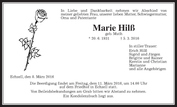 Traueranzeige von Marie Hilß von Wetterauer Zeitung, Wetterauer Zeitung