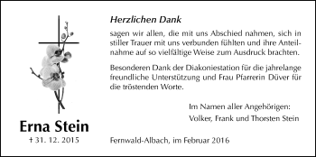 Traueranzeige von Erna Stein von Gießener Allgemeine, Alsfelder Allgemeine
