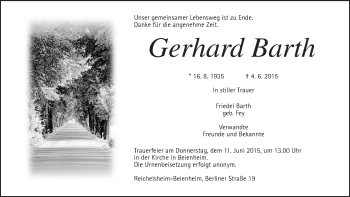 Traueranzeige von Gerhard Barth von Wetterauer Zeitung, Wetterauer Zeitung