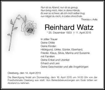 Traueranzeige von Reinhard Watz von Wetterauer Zeitung, Wetterauer Zeitung
