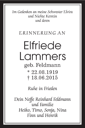 Traueranzeige von Elfriede Lammers von Gießener Allgemeine, Alsfelder Allgemeine, Wetterauer Zeitung, Wetterauer Zeitung