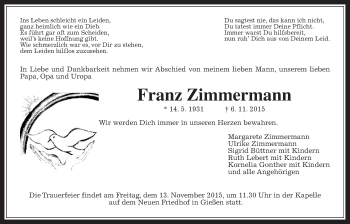 Traueranzeige von Franz Zimmermann von Gießener Allgemeine, Alsfelder Allgemeine