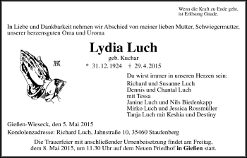 Traueranzeige von Lydia Luch von Gießener Allgemeine, Alsfelder Allgemeine