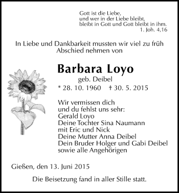Traueranzeige von Barbara Loyo von Gießener Allgemeine, Alsfelder Allgemeine