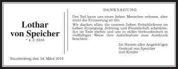 Traueranzeige von Lothar von Speicher von Gießener Allgemeine, Alsfelder Allgemeine