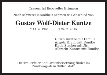 Traueranzeige von Gustav Wolf-Dieter Kuntze von Wetterauer Zeitung, Wetterauer Zeitung
