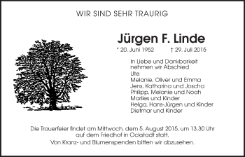 Traueranzeige von Jürgen F. Linde von Wetterauer Zeitung, Wetterauer Zeitung