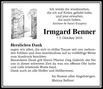 Traueranzeige von Irmgard Benner von Rabenauer Zeitung