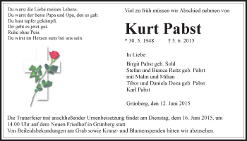 Traueranzeige von Kurt Pabst von Gießener Allgemeine, Alsfelder Allgemeine