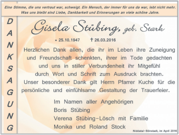 Traueranzeige von Gisela Stübing von Wetterauer Zeitung, Wetterauer Zeitung